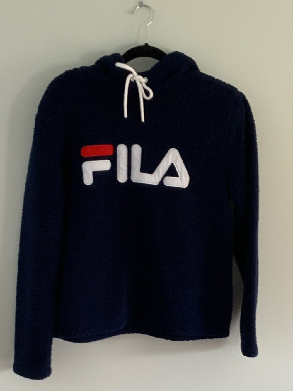 FILA Navy Sherpa Pullover Hoodie with White and Red Logo